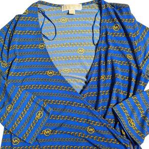 Michael Kors Womens Chain Print Dress  Blue/Gold Polyester Spandex Medium